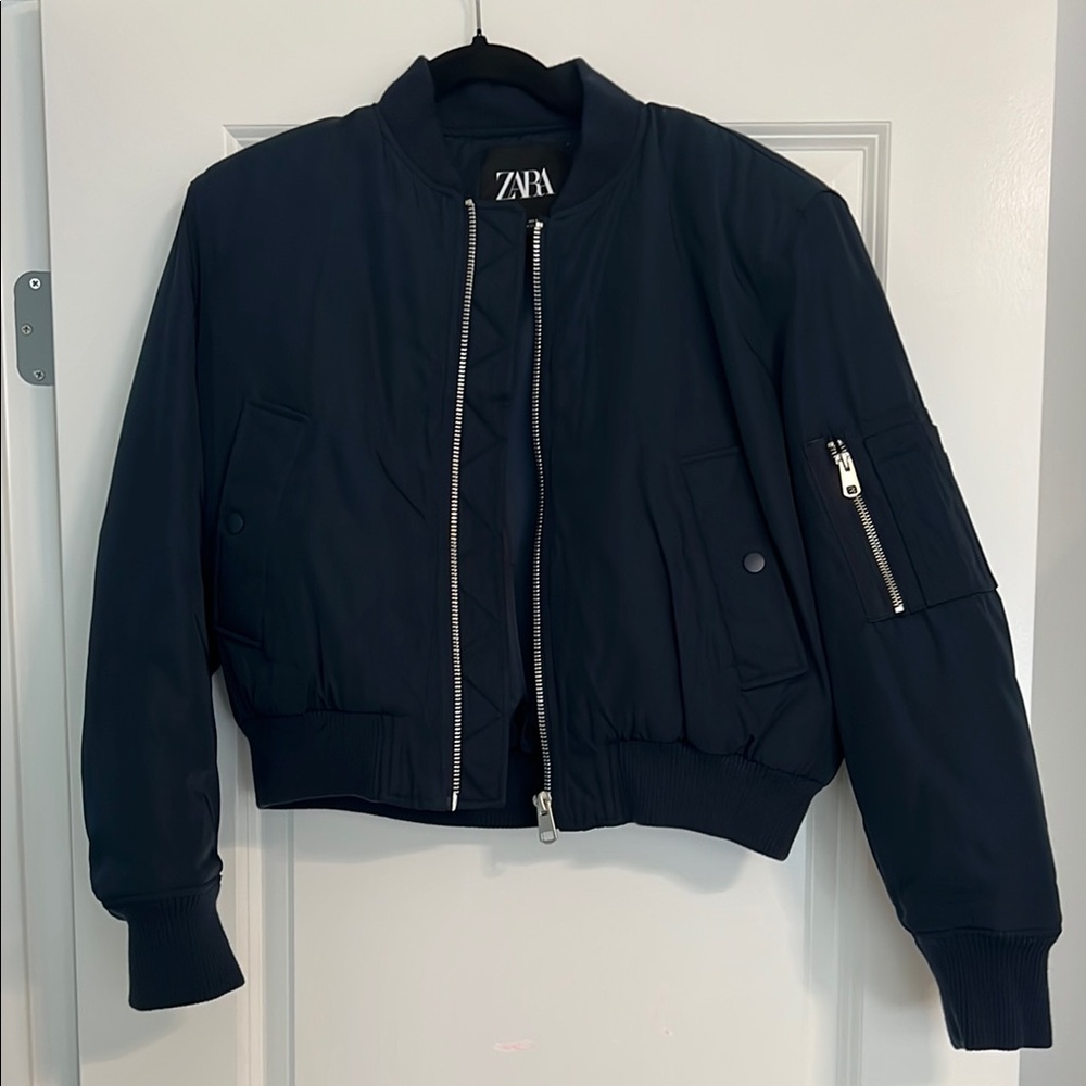 Navy Puff Crop Coat Dark Blue Bomber Jacket by Zara size small